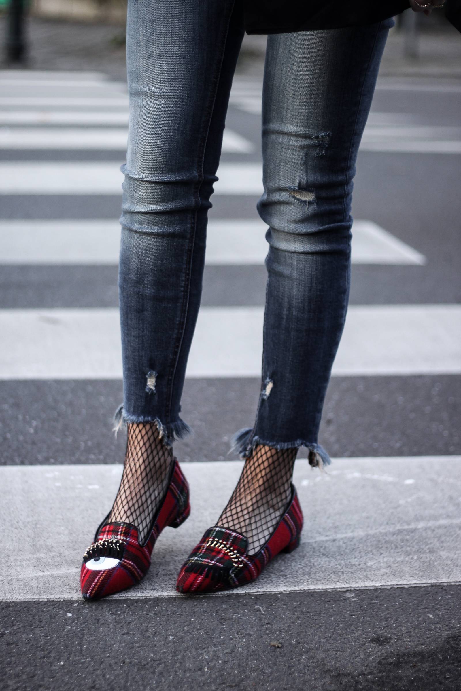 jeans and red loafers 