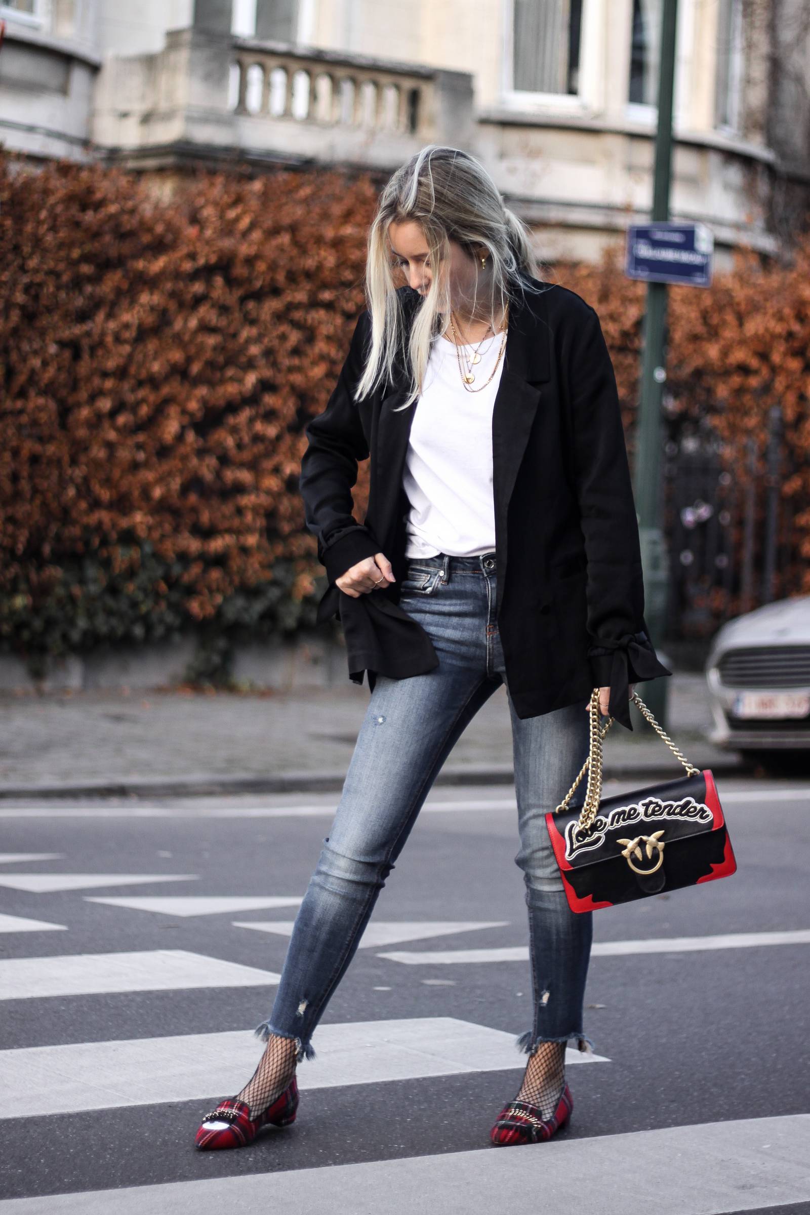 jeans and red loafers 