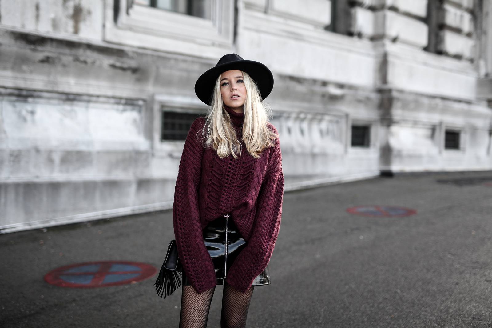 burgundy knit and vinyl skirt