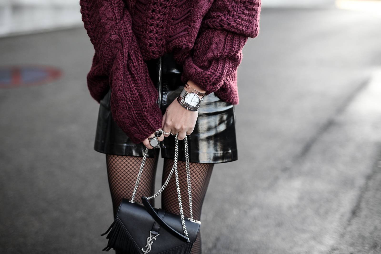 burgundy knit and vinyl skirt