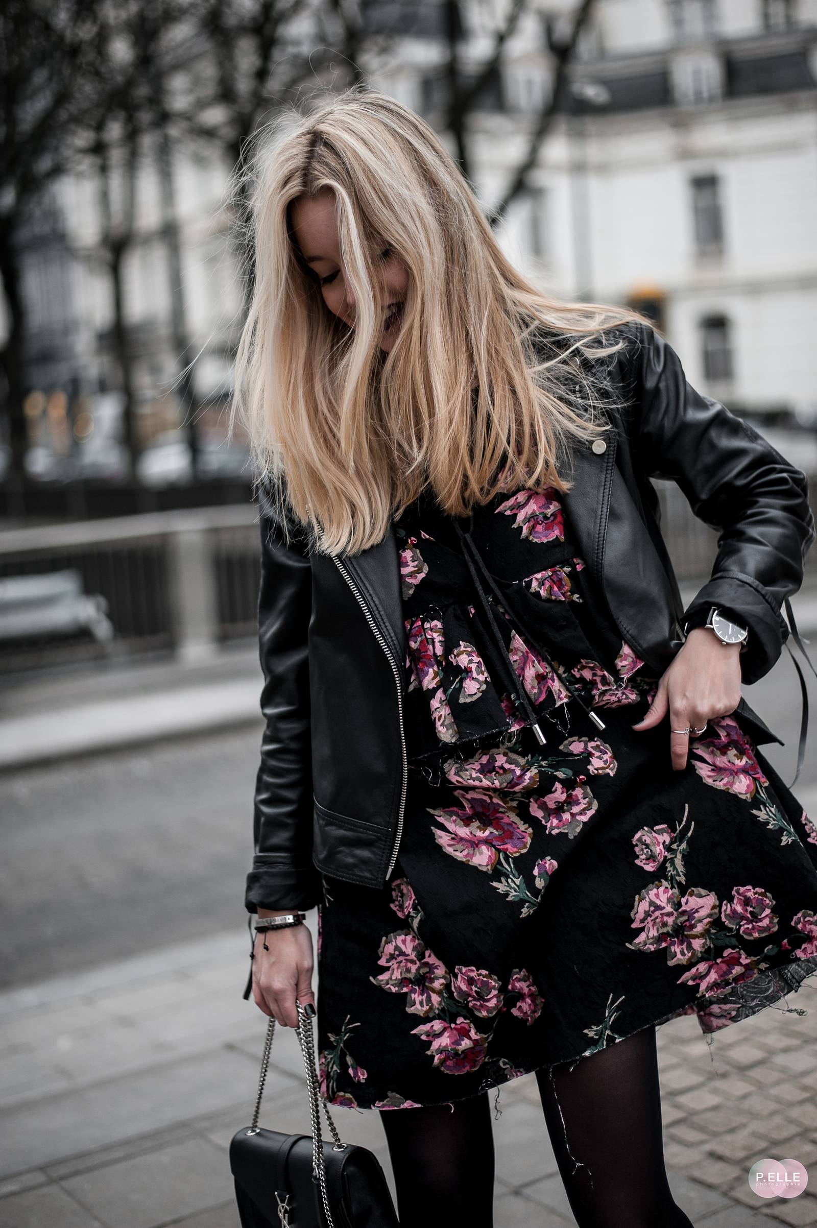 flower dress and leather jacket