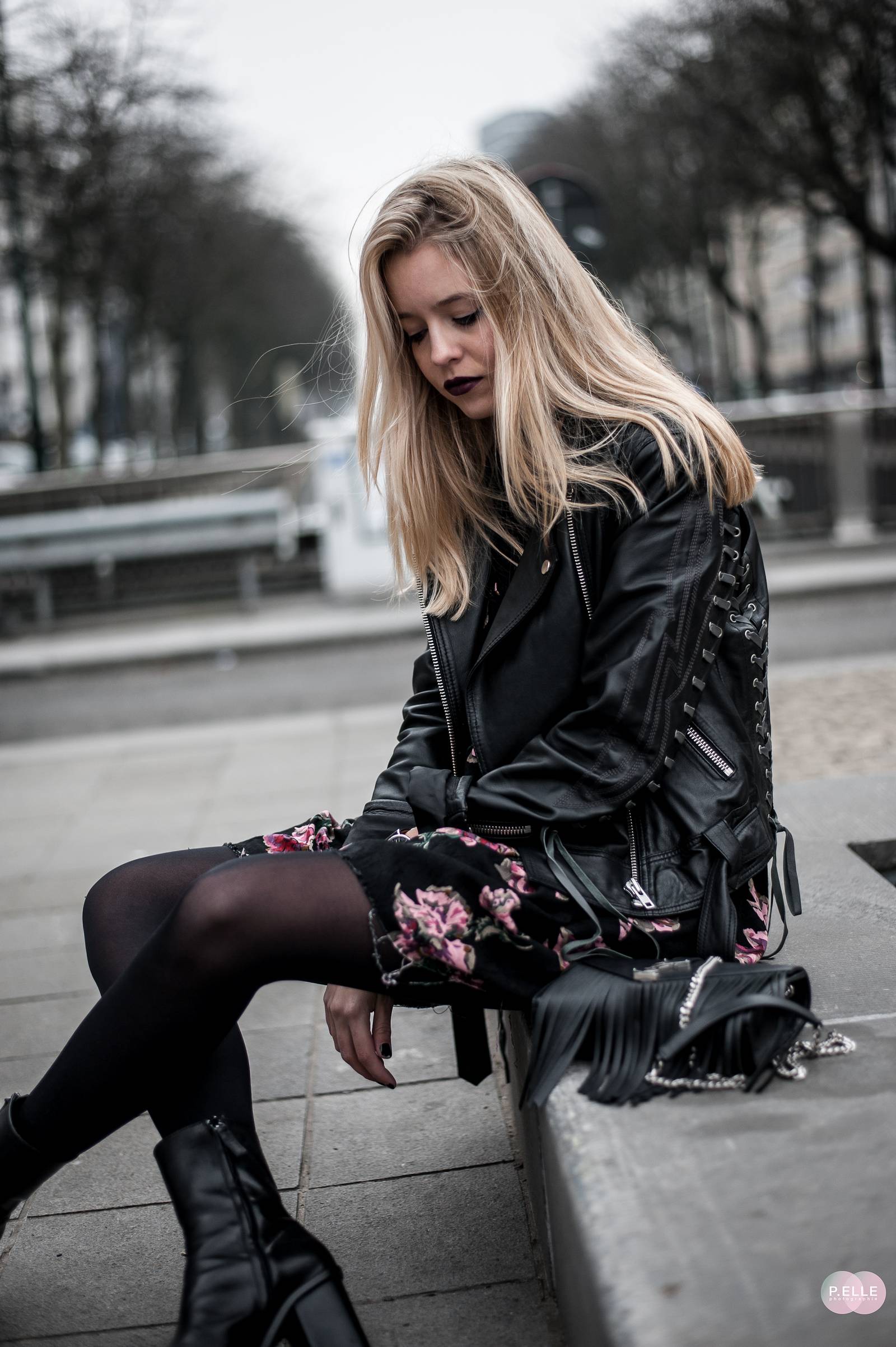 flower dress and leather jacket