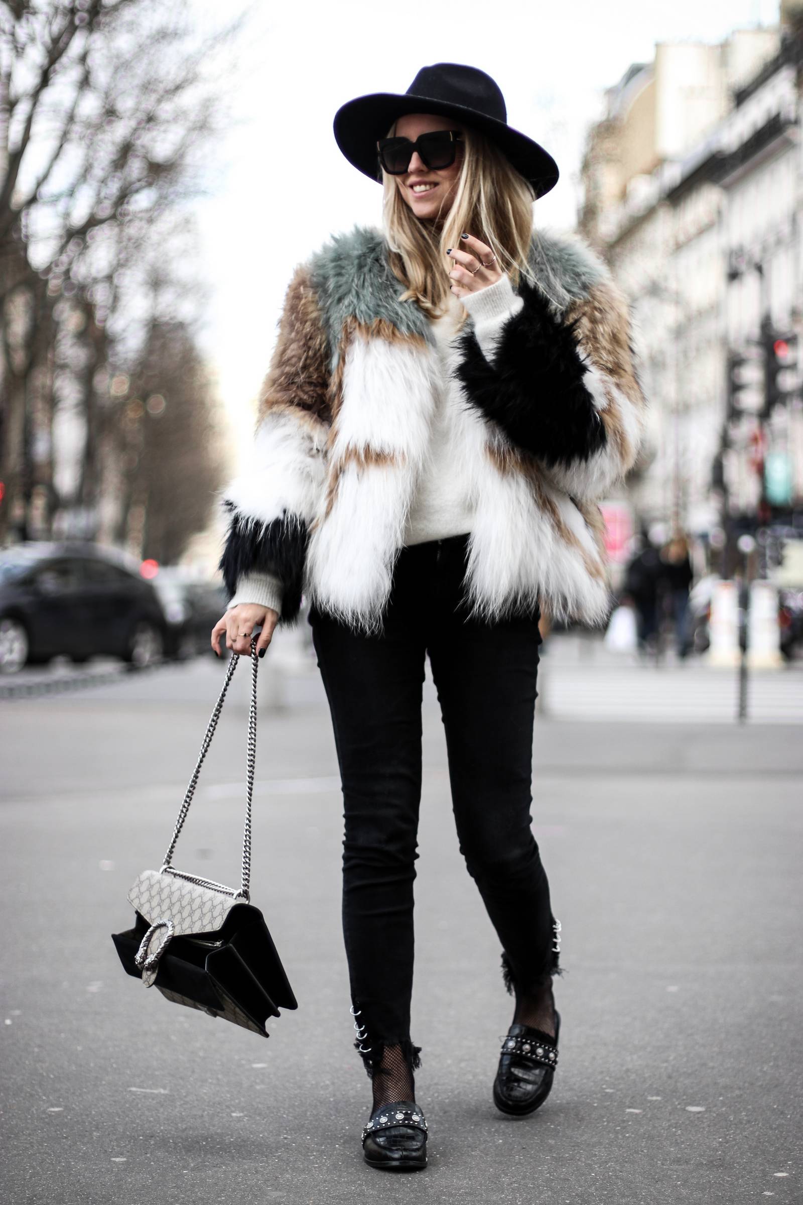 Faux fur coat and Dionysus Gucci bag