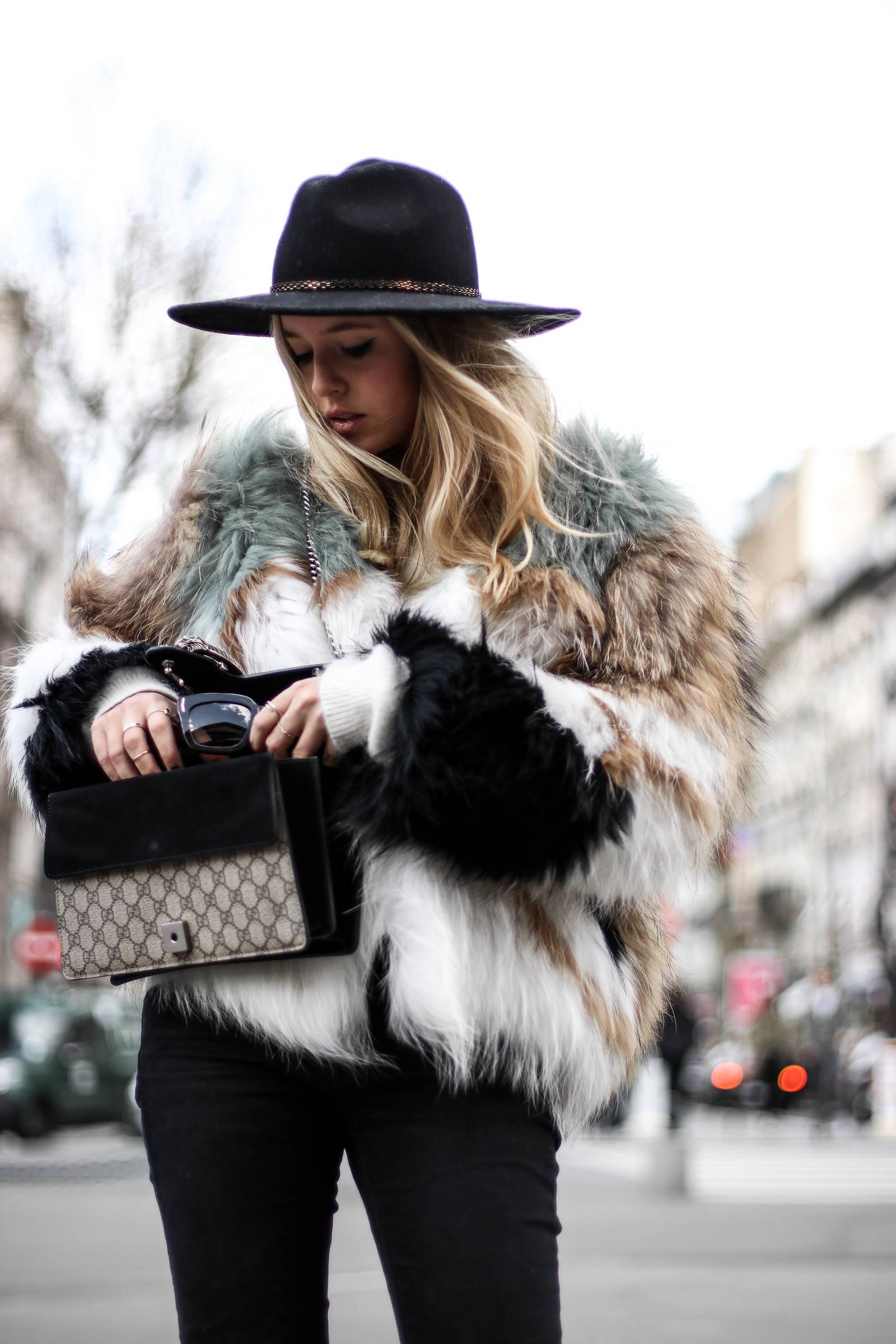 Faux fur coat and Dionysus Gucci bag