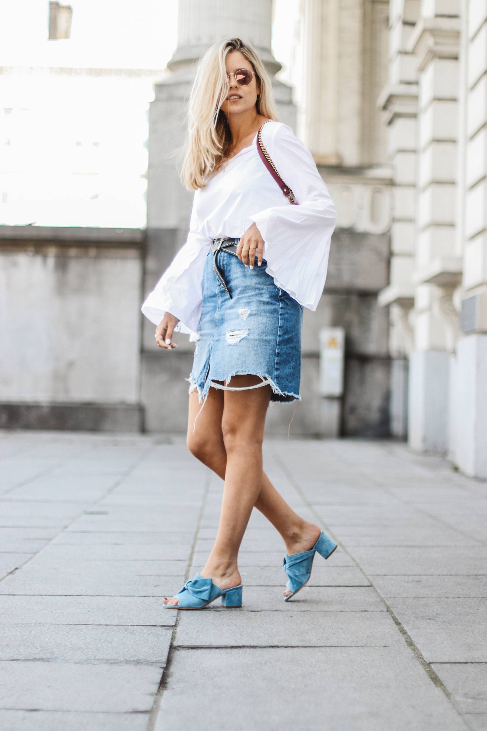 Gucci Marmont, blue sandals, denim skirt and wide sleeves blouse