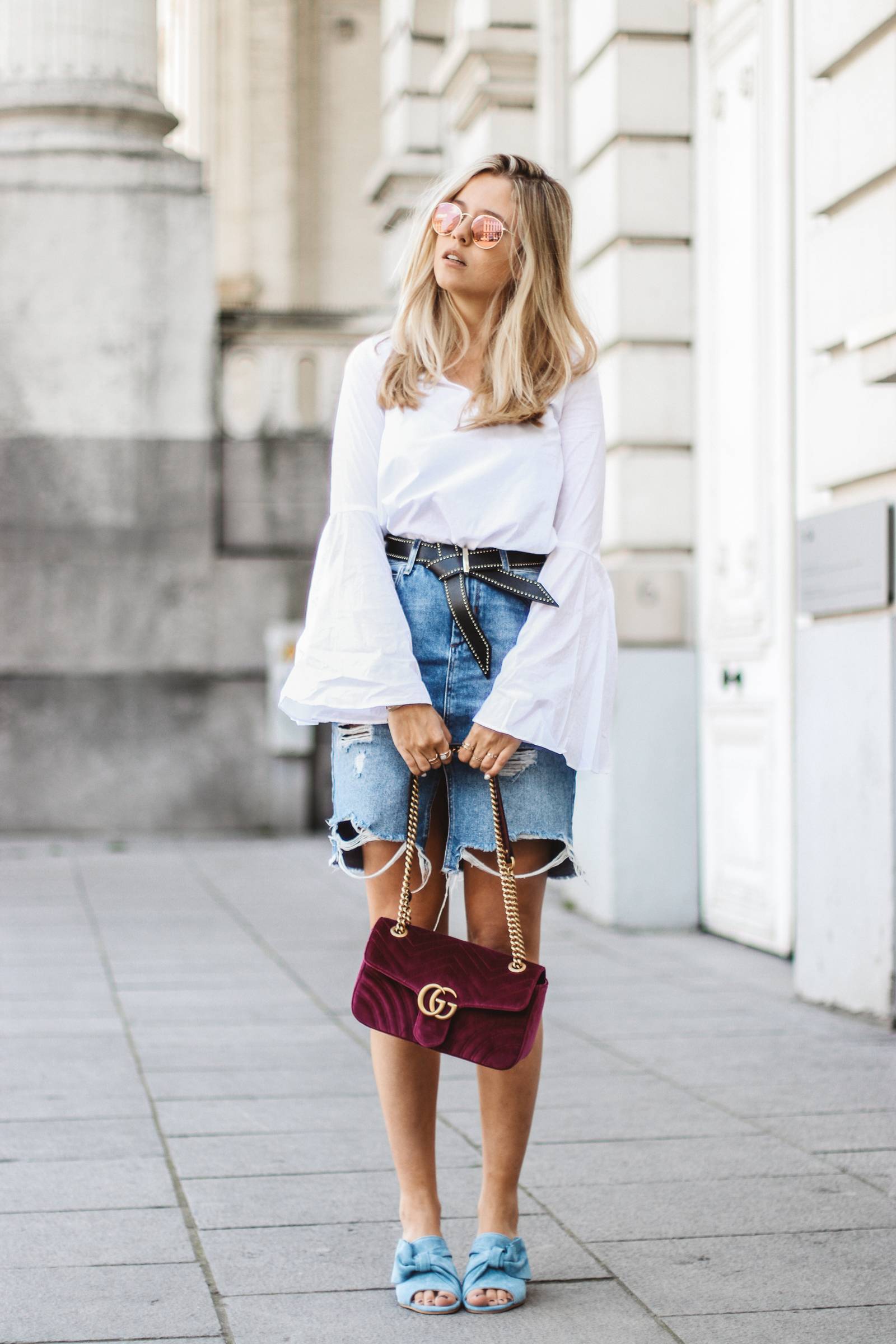 Gucci Marmont, blue sandals, denim skirt and wide sleeves blouse
