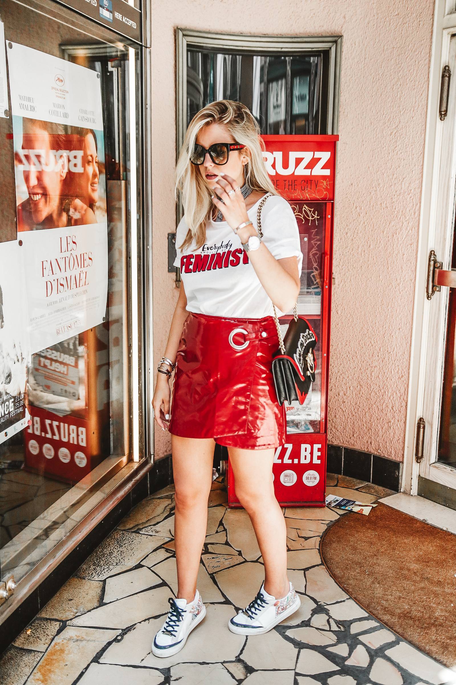 Red skirt and message tee outfit // fashion blogger 