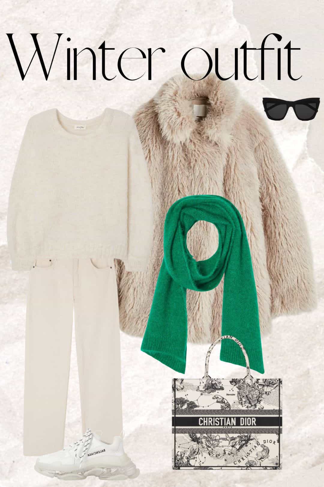 Winter outfit idea white look green scarf