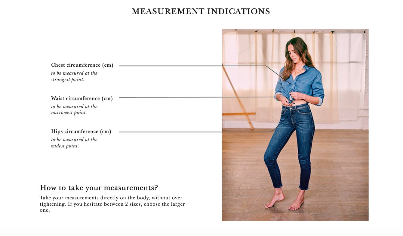 Sezane chart size: measurement indications