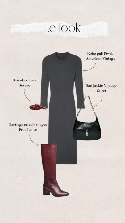 tenue femme robe pull longue avec bottes en cuir rouge et sac Gucci vintage