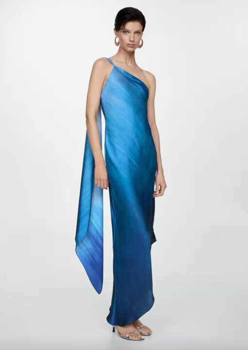 robe mi-longue asymétrique tie and dye bleu épaule dénudée Mango