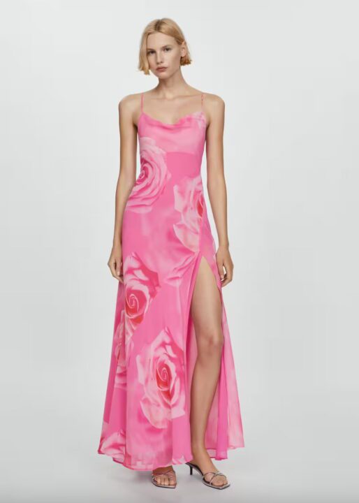 robe longue rose fleurie à bretelles fendue sur le côté Mango