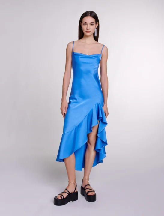 robe longue asymétrique et satinée bleue Maje