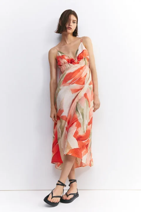 robe midi imprimé fleuri orange H&M