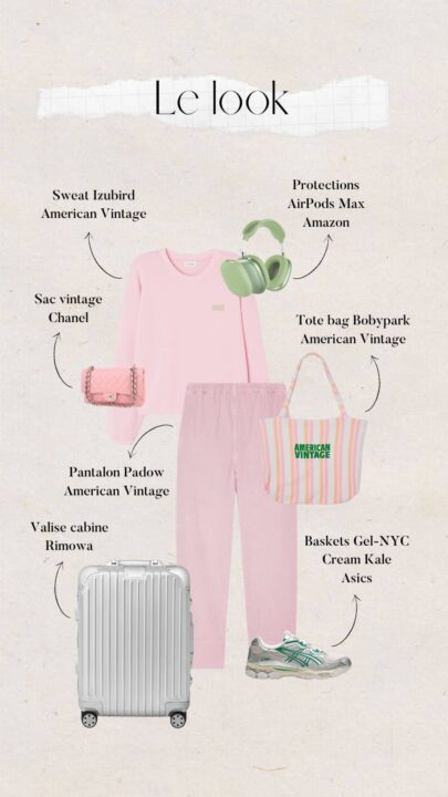 Tenue rose femme American Vintage tenue confortable pour voyager : sweat, pantalon velours côtelé, sac Chanel, baskets, tote bag et valise cabine
