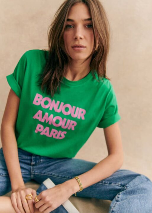 t-shirt vert femme inscription Bonjour Amour Paris Sézane