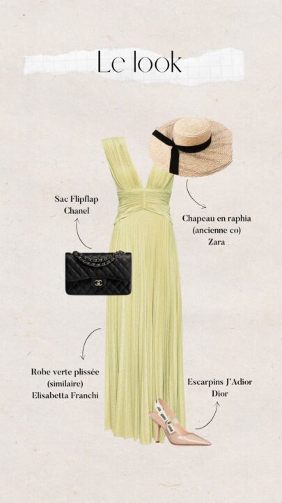 tenue invitée mariage robe verte Elisabetta Franchi chapeau en raphia sac Chanel et escarpins Dior