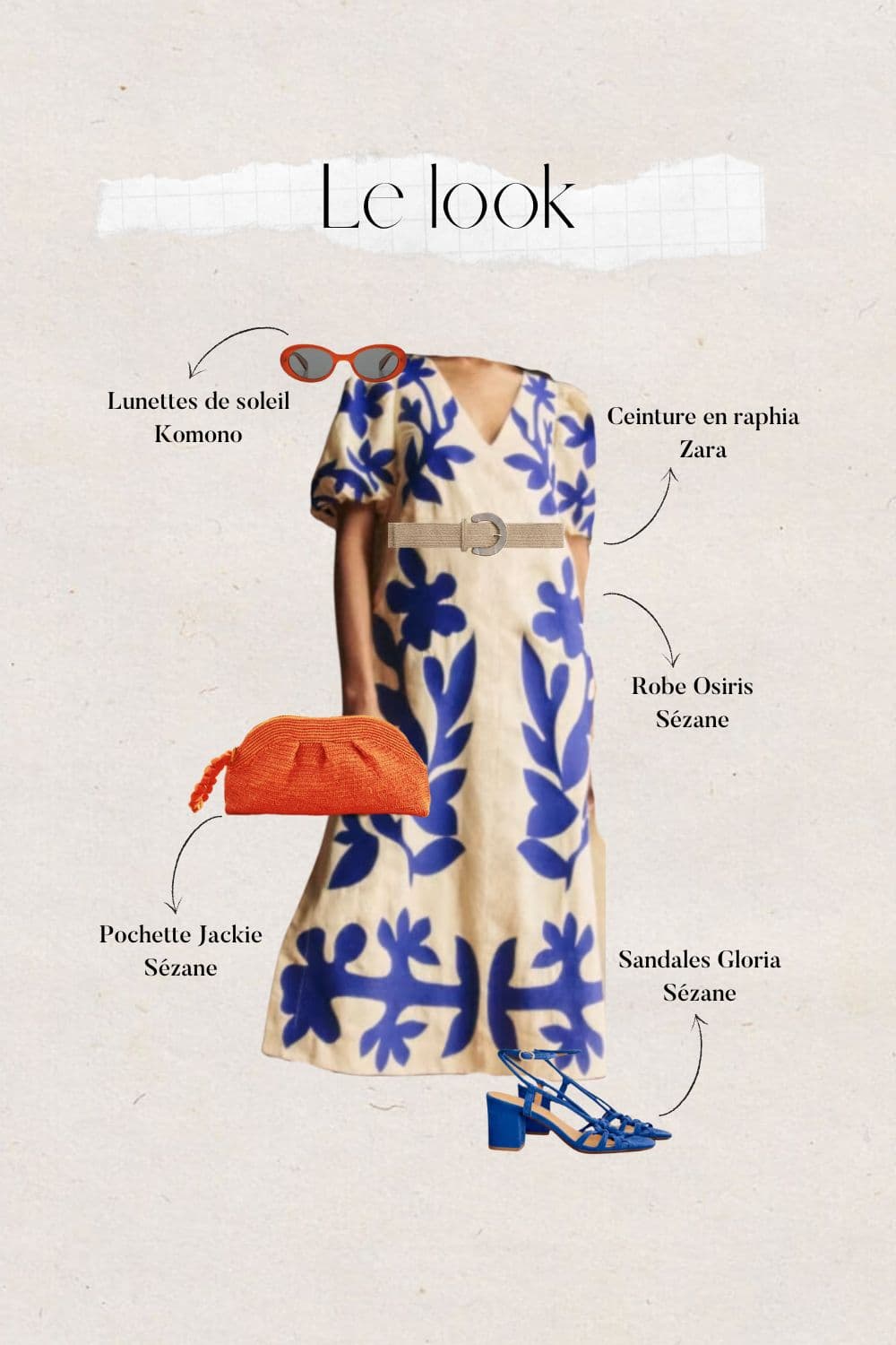 tenue de vacances femme : robe blanche et bleue et avec accessoires oranges