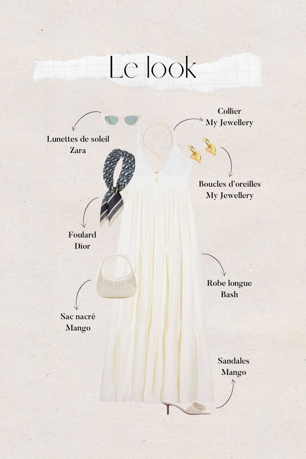 tenue été femme : robe longue blanche avec accessoires