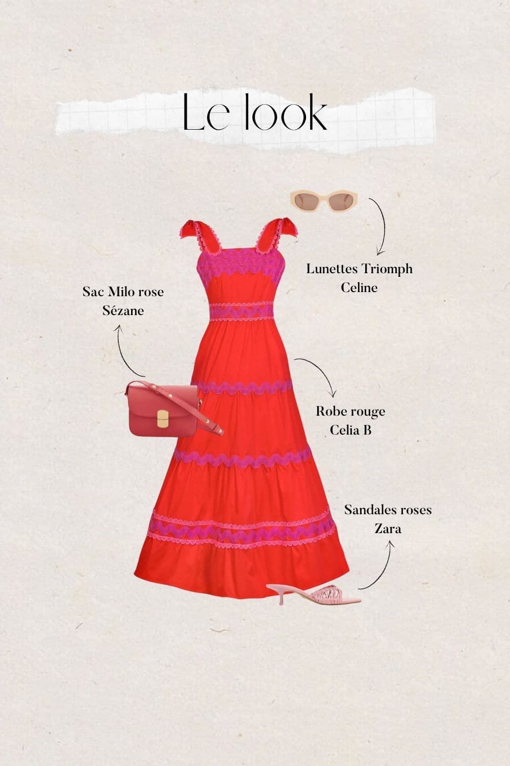 tenue ete : robe rouge avec détails roses