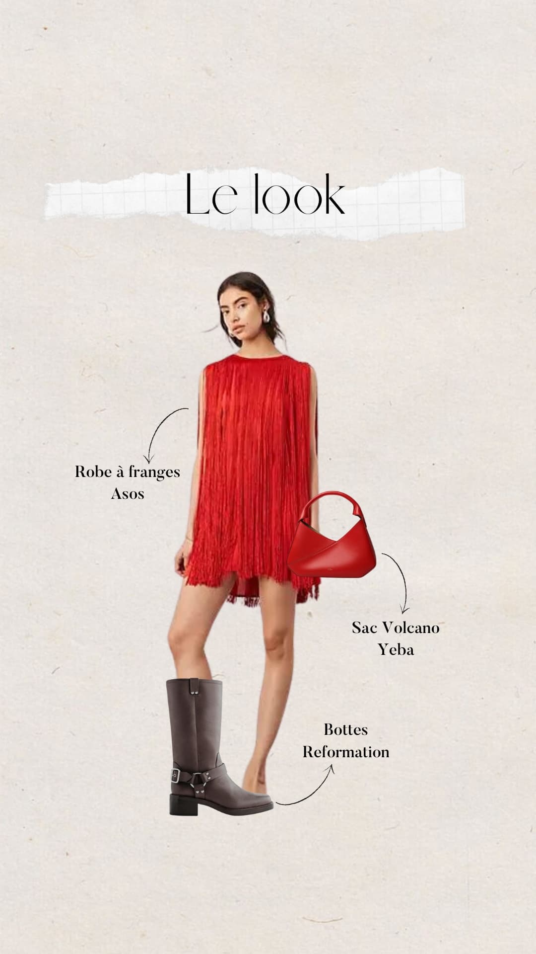 tenue de festival femme : robe rouge à franges et bottes en cuir