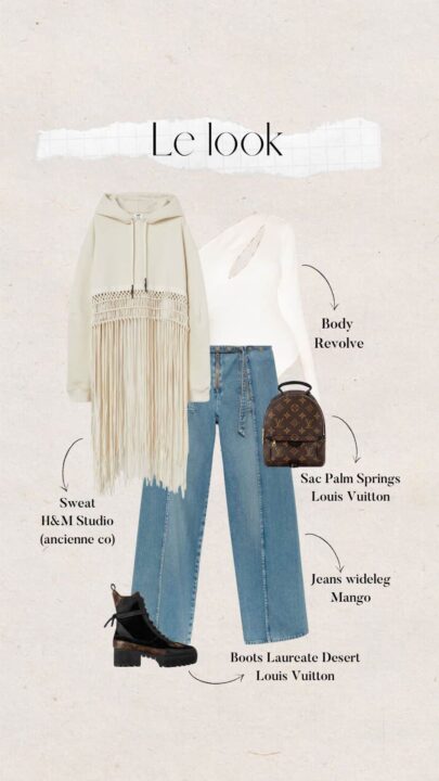 tenue femme festival jeans large ouvert sur les côtés body blanc et pull à franges avec boots et sac à dos Vuitton