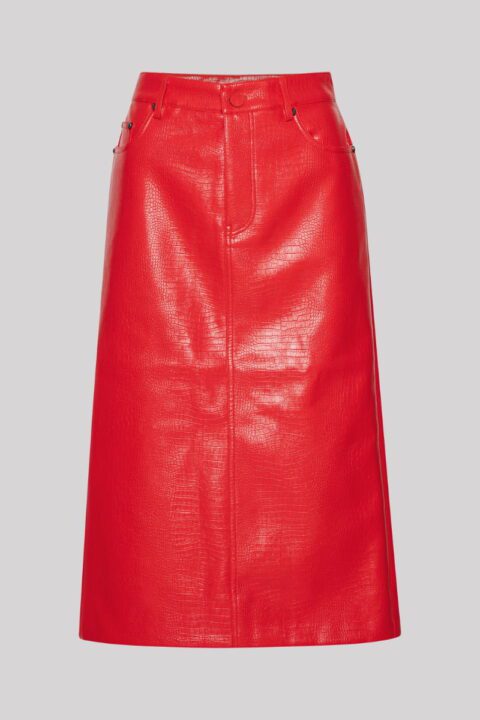 jupe longue en cuir rouge effet croco avec fente à l'arrière Rotate