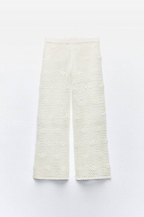 pantalon large femme en crochet blanc avec fleurs brodées Zara