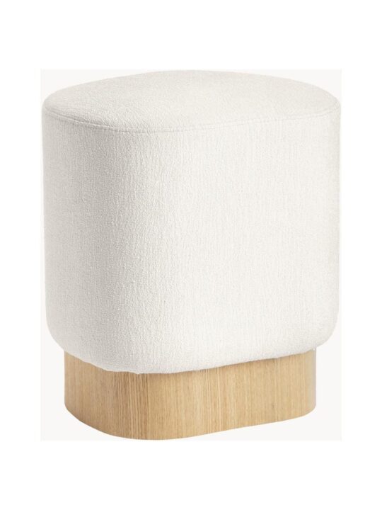 pouf blanc en tissu bouclé avec pied en bois clair Westwing