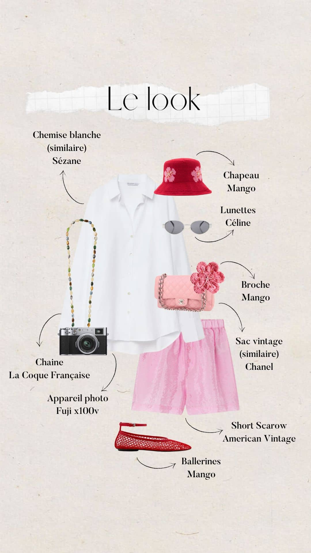 tenue style dolce vita : chemise blanche et accessoires rouges et roses