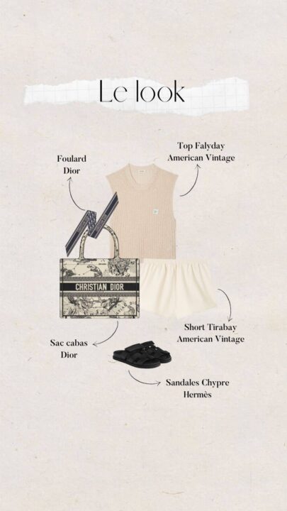 tenue d'été femme débardeur en maille et short écru American Vintage sandales Hermès et sac Dior