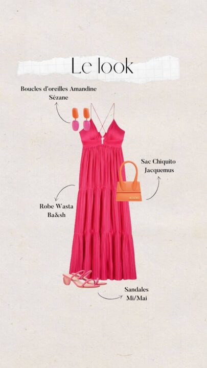 tenue de soirée d'été femme robe longue rose sandales roses et sac orange