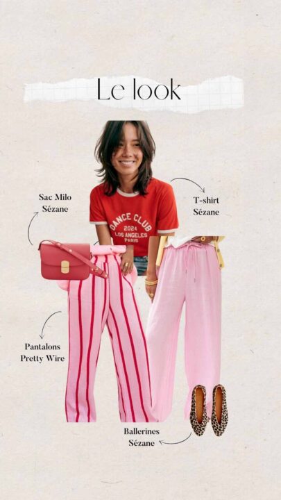 tenue femme t-shirt rouge, pantalon rose, sac rose et ballerines léopard