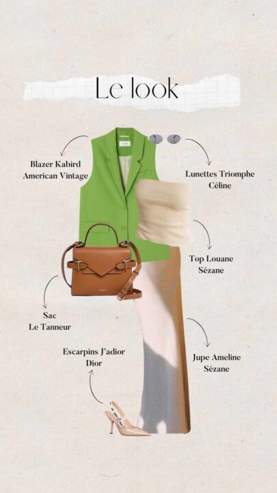 Tenue été bureau femme longue jupe satinée écru avec top crème et blazer sans manche vert