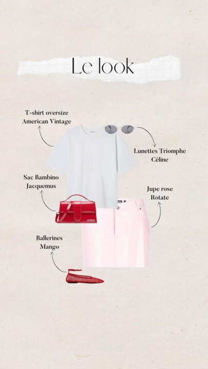 tenue été femme jupe courte rose avec t-shirt oversize blanc et accessoires rouges