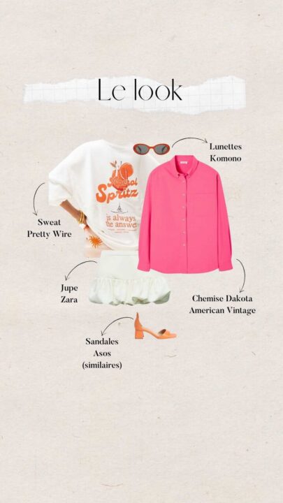 tenue femme avec sweat Aperol Spritz, chemise rose et jupe ballon blanche Zara