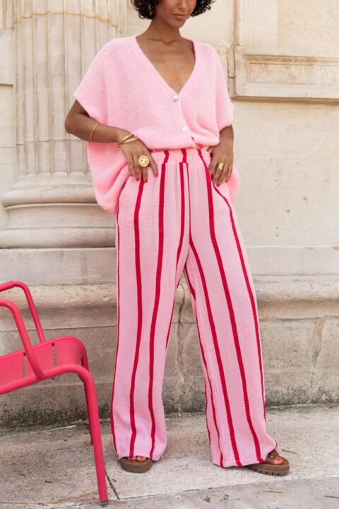 pantalon large en coton rose avec lignes rouges Pretty Wire