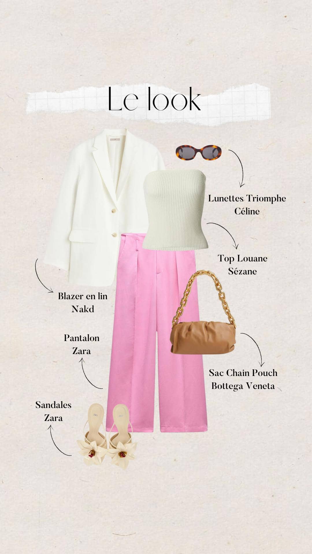 tenue d'été femme : pantalon rose avec top écru et blazer blanc