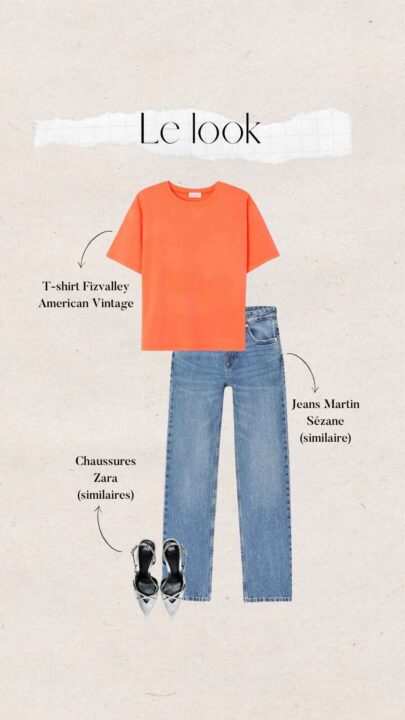 Tenue femme t-shirt orange et jeans bleu