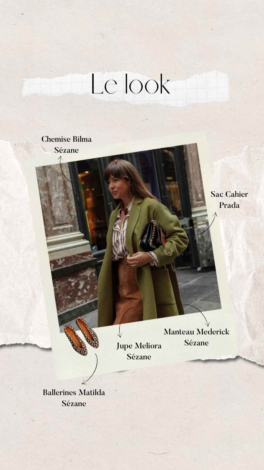 tenue automne Sézane : jupe suédine camel, chemise rayée blanche et marron, manteau kaki, ballerines léopard et sac Prada