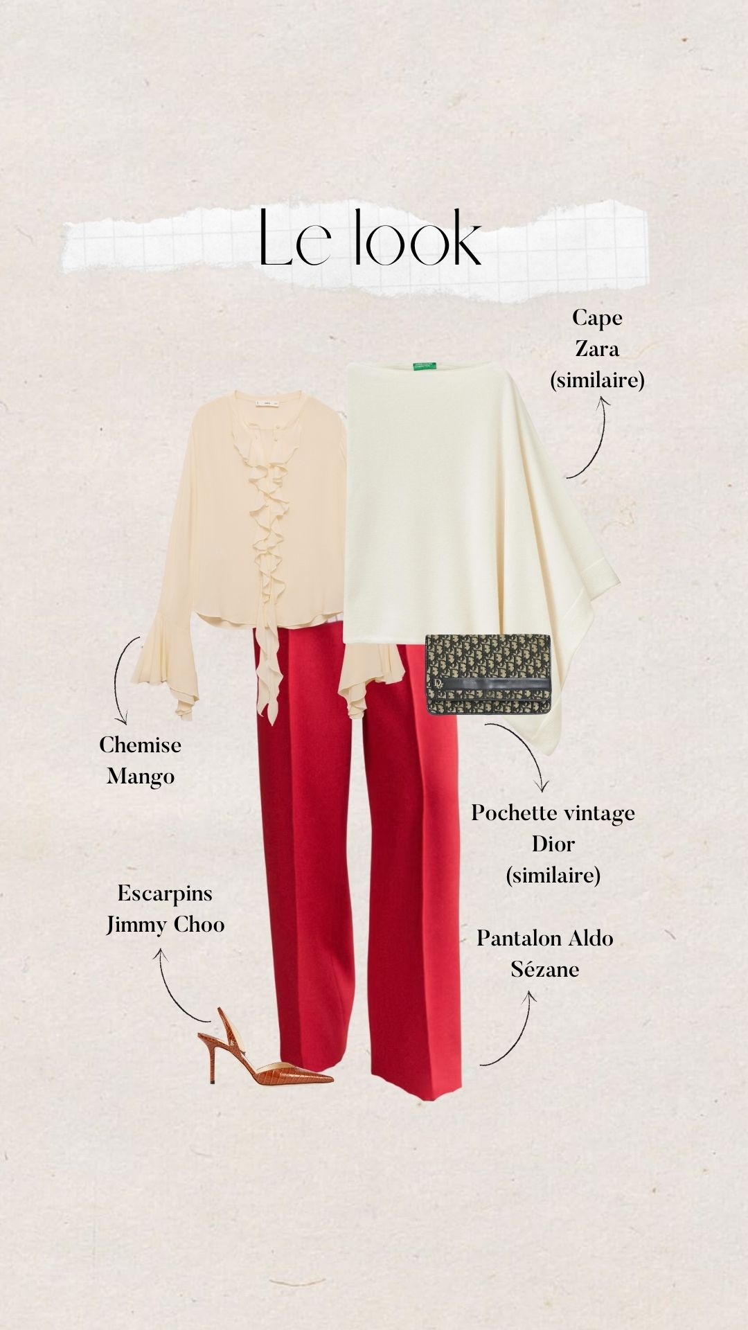 tenue automne soirée femme : pantalon rouge, chemise beige et cape blanche