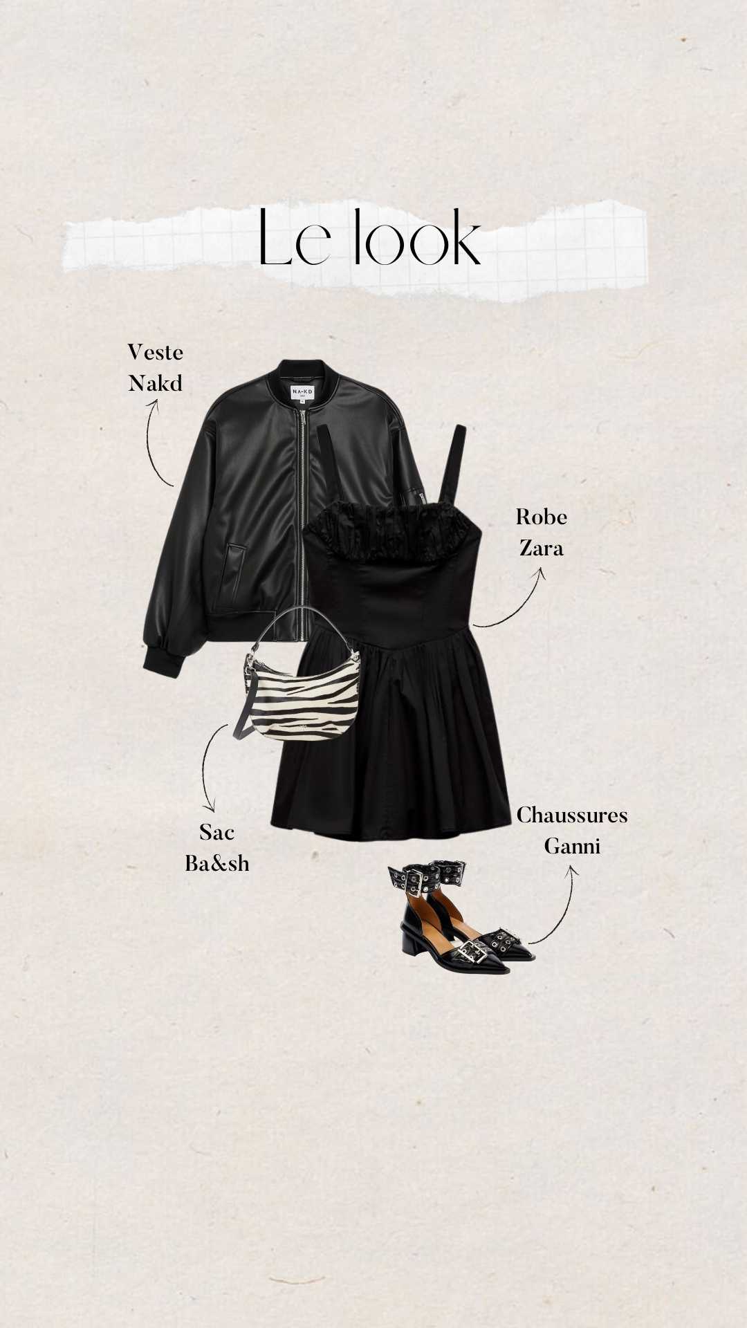 tenue festival noire : robe courte Zara, veste faux cuir Nakd, chaussures Ganni et sac Bash