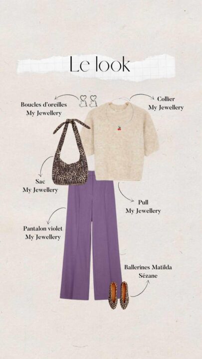 tenue femme avec pantalon mauve, pull sans manche, sac et bijoux My Jwellery