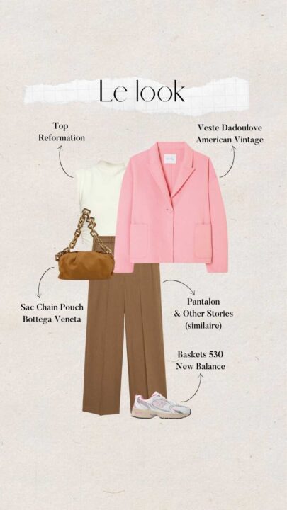 tenue femme avec pantalon large camel, blazer rose American Vintage, baskets New Balance et sac Bottega Veneta