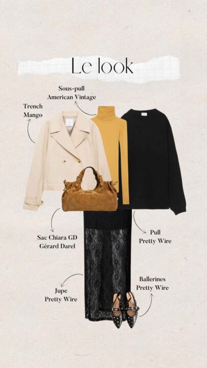 tenue automne femme jupe longue noire dentelle, pull noir oversize et ballerines noires Pretty Wire, sous-pull jaune American Vintage, trench beige Mango, sac en daim camel Gérard Darel