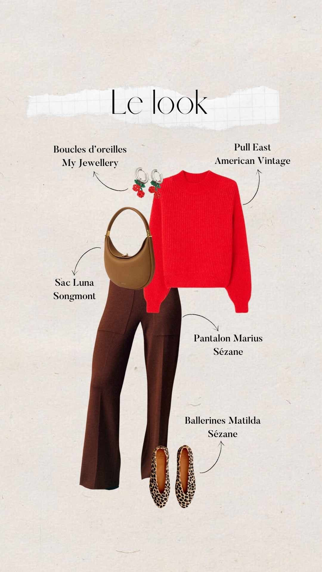 tenue automne femme : pantalon marron Sézane avec pull rouge American Vintage