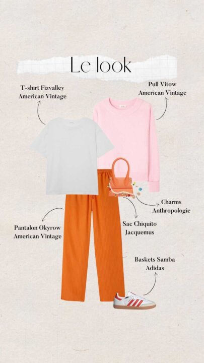 tenue automne femme pantalon orange et pull rose American Vintage avec baskets Adidas Samba et sac Jacquemus