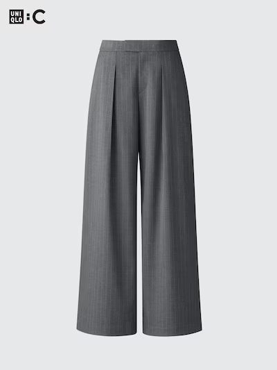 pantalon tailleur large gris avec fines lignes blanches Uniqlo