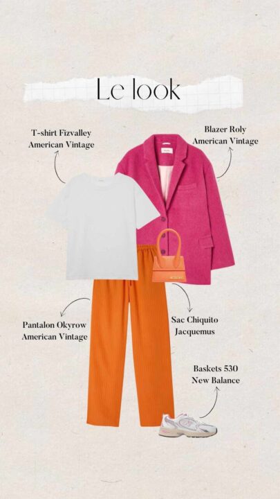 tenue automne femme t-shirt blanc, blazer rose et pantalon orange American Vintage avec sac Chiquito orange de Jacquemus et baskets New Balance