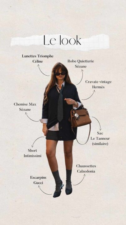 Tenue femme automne robe pull Sézane, escarpins Gucci, cravate Hermès, sac Le Tanneur, lunettes Triomphe Céline